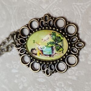HANDMADE! St Patricks Day glass Shamrock pig pendant antique brass toned